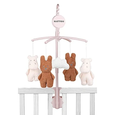 Image of Nattou Mobile with Music Box, Cotton and Polyester (Terry Cloth), Rabbit Hippo, Gentle Lullaby &quot;La Le Lu&quot;, Approx. 31 x cm, Susie Bonnie Collection, Pink/Brown