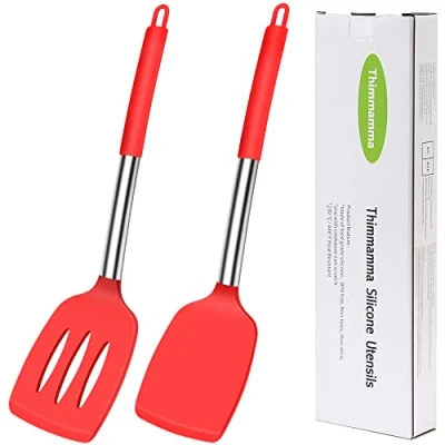 Image of Silicone Spatula Turner, Heat Resistant Slotted Solid Turner for Cooking, 2 Pack BPA Free Large Black Kitchen Utensils Baking Non Stick Cookware, Dishwasher Safe, Red