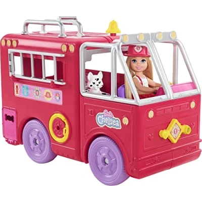 Image of Barbie Chelsea Fire Truck Playset, Doll (6 inch), Fold Out Firetruck, 15+ Storytelling Accessories, Stickers, Ages 3 Years Old &amp; Up, HCK73