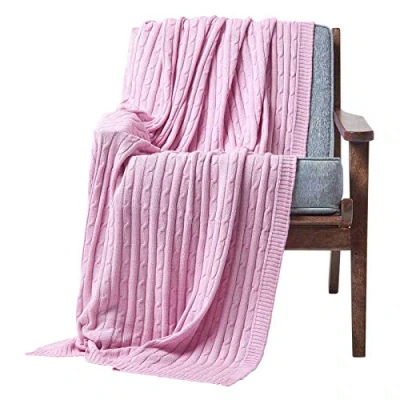 Image of HOMESCAPES Pastel Pink Cable Knit Throw 130 x 170 cm Combed Cotton Soft and Cosy Blanket Bed Sofa For Armchairs Single Beds