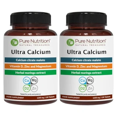 Image of Pure Nutrition Ultra Calcium 1000mg with VIT D3 + K2 240 Tabs (120 X Pack of 2) Highly absorbable Supplement Citrate Malate, D3, K2, Moringa Oleifera, Magnesium and Zinc.