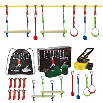 Image of ALPIDEX Ninja Kids Slackline Obstacles Set Gymnastic Rings Rope Knots Swing Climbing Ladder Accessories Extendable Warrior Course, Stil:Basic