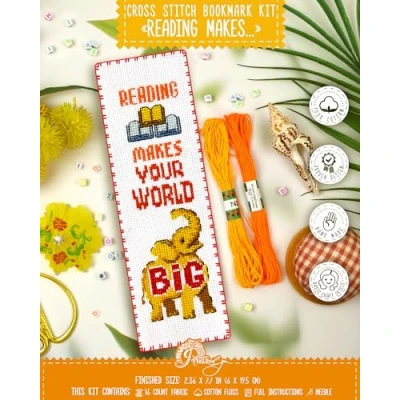 Image of Povitrulya Counted Cross Stitch kit Reading Makes Your World Big Embroidery Set for DIY Bookmark with 16 Count Blank Aida Fabric, Paper Pattern and presorted Floss