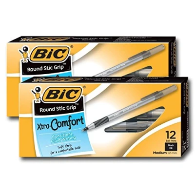 Image of BIC Ultra Round Stic Grip Ball Point Pens, Medium Point, 1.2 mm, Black Ink (24 Pens) by