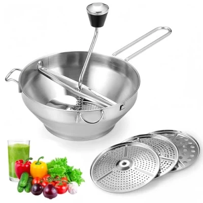Image of Food Mill Stainless Steel with 3 Discs, Vegetable Mill, Multifunctional Rotary Grinder Manual, and Puree Maker for Press Fruit, Potato, Garlic, Tomato Apple Sauce