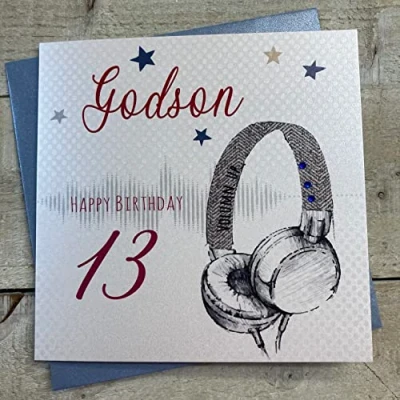 Image of WHITE COTTON CARDS Handmade Godson 13 Happy Headphones 13th Birthday Card, White, SB54 gd13