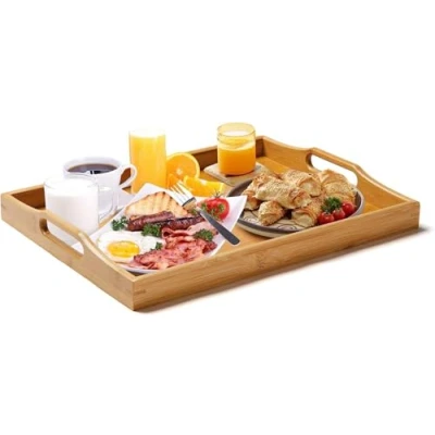 Image of Large Wooden Trays for Serving, Bamboo Serving Tray with handles Eating Food, Dinner, Used in Bedroom, Living Room, Kitchen, Bathroom, Hospital