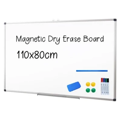 Image of XIWODE Magnetic Dry Erase Board, Wall Mounted Whiteboard, 110 x 80cm, Lightweight White Board Silver Aluminium Framed with Lacquered Steel Surface
