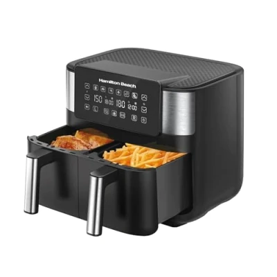 Image of Hamilton Beach HealthyCook 8L Dual Air Fryer, 2 Drawers, 8L, 8 Portions, 6 Pre set Programmes, SYNC function and Adjustable Temperature Settings, Black, HB4006