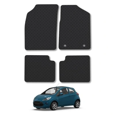 Image of Rubber Car Mats Compatible with Ford Ka (2013 2020) Tailored Fit Floor Set Accessory Black Custom 4 Pieces Clips Anti Slip Backing, Heavy Duty &amp; Waterproof