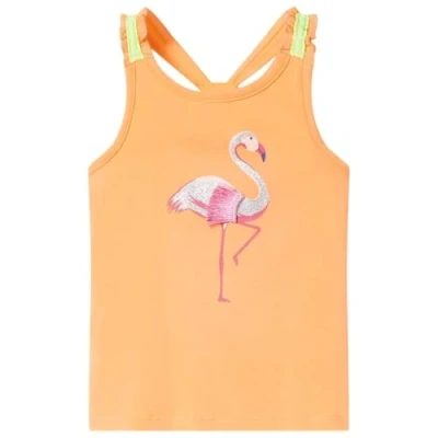 Image of vidaXL Kids&#039; Bright Orange Tank Top 116 Sleeveless Camisole with Glitter Flamingo, Elastic Straps for Children 5 6 yrs, Soft Cotton Mix