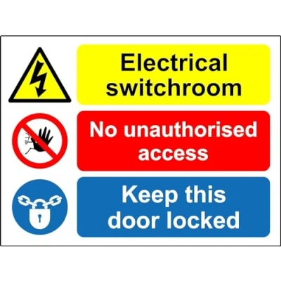 Image of Electrical switchroom, no unauthorised access Keep this door locked safety sign Self adhesive sticker 300mm x 200mm Case (Pack of 10)