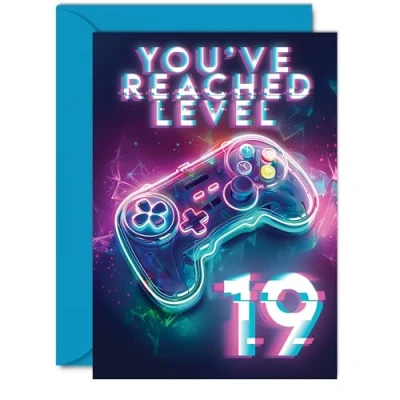 Image of 19th Gamer Birthday Cards for Men Women You&#039;ve Reached Level 19 Happy Card Son Daughter Brother Sister Friend, A5 Nineteen Nineteenth Bday Video Game Greeting