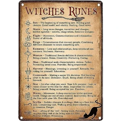 Image of Metal Sign for Kitchen Witches Runes Sign, Wiccan Magick Witchcraft Knowledge Retro Tin Posters Wall Decor 6x8 Inch