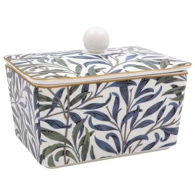 Image of Lesser &amp; Pavey British Designed Ceramic Butter Dish with Lid Large for All Types of Kitchens Dishes Sizes William Morris, Willow Bough