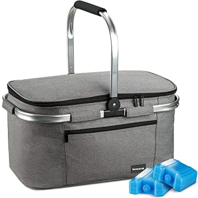 Image of bomoe Insulated Picnic Basket Foldable Thermal 32 Litre Cooler Bag with 2 Ice Packs Cool 16h Cooling Function &amp; Collapsible Carrying Handle Icebreezer K47