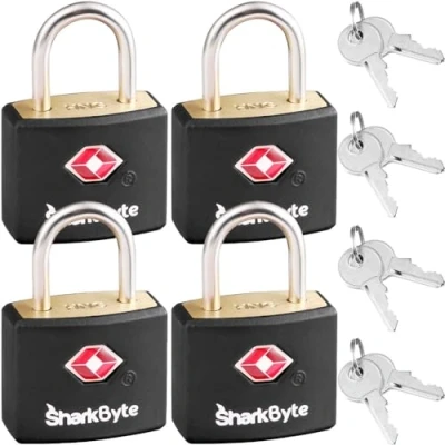 Image of SharkByte TSA Approved Suitcase Locks with Keys [4 Pack, 8 Keys] Key Travel Locks, Padlock, Small Keyed Luggage Gym Lock, Laptop Bags, Backpacks, Bags Zippers, Mini
