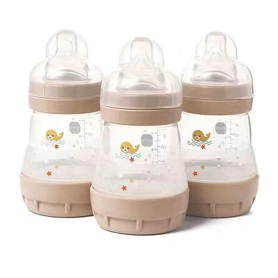 Image of MAM Easy Start Self Sterilising Anti Colic Baby Bottles (3 x 160 ml), Bottle with Slow Flow Teats Size 1, Newborn Essentials for 0+ Months, Shell (Design may vary)