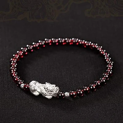 Image of Feng Shui Bracelet 999 Pure Silver Pixiu Wealth Garnet Pi Yao Chakra Gemstone Talisman Crystal for Prosperity Success Money Good Luck Women
