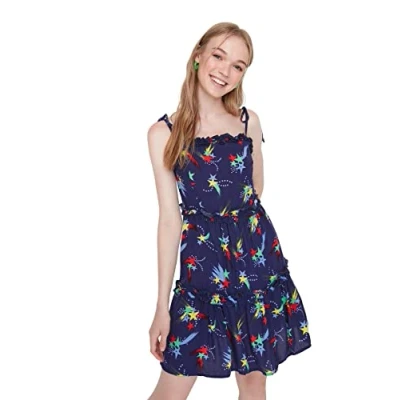 Image of Trendyol Women&#039;s Mini Skater Regular Dress, Navy Blue, 42 UK