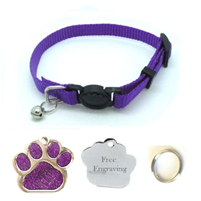 Image of Cat Collar, With Bell, Quick Release Free Engraved Glitter Paw ID Tag &amp; P&amp;P (Purple)
