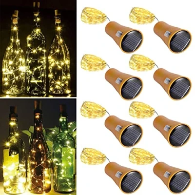 Image of Heuluced Solar Wine Bottle Lights, 8 Pack 20 LED Waterproof Copper Cork Shaped Lights DIY Firefly String for Wedding Party Outdoor, Holiday, Garden, Patio Pathway Decor (Warm White)