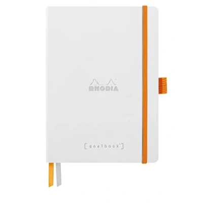 Image of RHODIA 117815C Soft Notebook Bullet Journal Goalbook White A5 Dotted Dot 240 pages 90g Ivory Clairefontaine Paper 2 Ribbons, Elastic Closure Faux Leather Cover