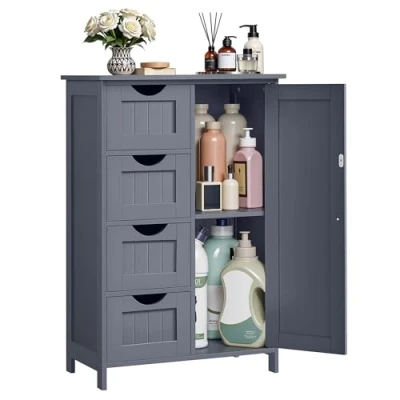 Image of VASAGLE Bathroom Cabinet Narrow Side Chest of Drawers with 4 Door Adjustable Shelf for Living Room Kitchen Hallway Deep Freestanding Grey LHC41GY