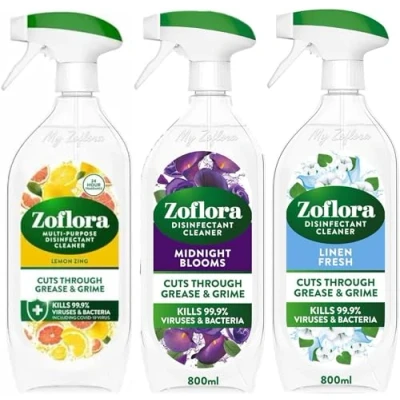 Image of Zoflora Mixed Multipurpose Disinfectant Trigger Spray, 3 x 800ml Lemon Zing, Midnight Blooms &amp; Linen Fresh (one of each)