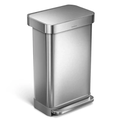 Image of simplehuman CW2024 45L Rectangular Kitchen Pedal Bin with Liner Pocket, Silent Soft Close Lid, Strong Wide Pedal, Fingerprint Proof, Brushed Stainless Steel, W 40.5cm x H 65.5cm D 33.8cm