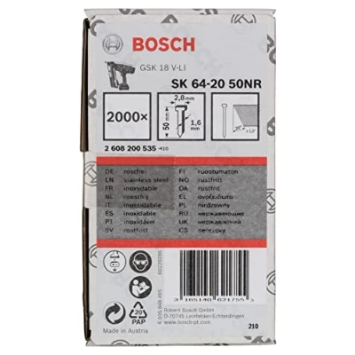 Image of Bosch Professional 2000x Finish Nails SK64 20NR (1.6/16 g 20, 2.8x1.35x50 mm, Stainless Steel, Accessories for Nail Guns)