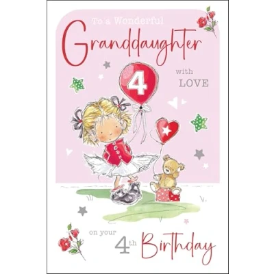 Image of Jonny Javelin Wonderful Granddaughter 4th Birthday Card Happy Age 4 with Girl and Teddy Bear Design Foil Flitter Details for Children