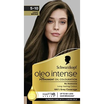 Image of Schwarzkopf Oleo Intense Permanent Oil Colour 5 10 Light Brown Hair Dye, 100% Grey Coverage, Conditioner with HaptIQ System, Long Lasting Colour, Ammonia Free Dye