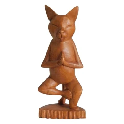 Image of Brave Wings Hand Carved Wooden Cat Meditating 25.5cm High Ornament Sculpture Figurine Statue Unique Table Decoration Home Decor 5069
