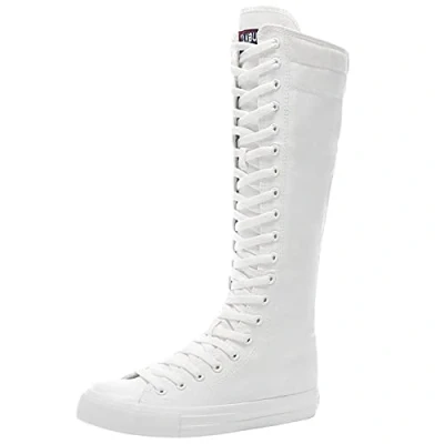 Image of ANUFER Girl&#039;s Women&#039;s Knee High Canvas Boots Lace up Zip Flat Sports Shoes F888 Pure White UK3