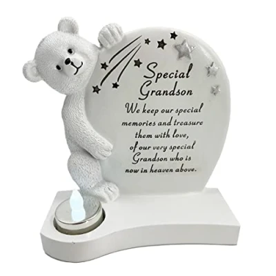 Image of Angraves Special Grandson Teddy Bear Shooting Star Memorial Graveside Ornament Plaque with Tealight Baby Boy