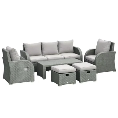 Image of Outsunny Rattan Garden Sofa Set With 3 Seater Sofa, 2 Reclining Single Coffee Table, Footstool Outdoor Patio Wicker Furniture Space saving Light Grey