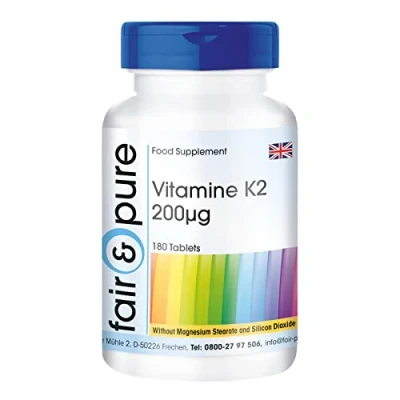 Image of Fair &amp; Pure® Vitamin K2 200mcg, Vegan, high dose Natural menaquinone MK 7, MK7, Without Magnesium Stearate, 180 Tablets