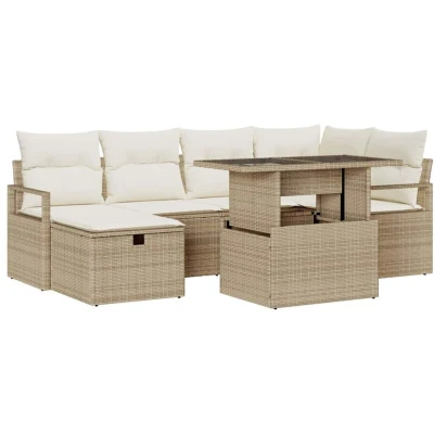 Image of vidaXL 7 Piece Garden Sofa Set with Cushions Beige Poly Rattan