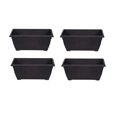Image of Set Of 4 Venetian Window Box Trough Planter Small 40cm Plastic Flower Plant Pot Black Colour
