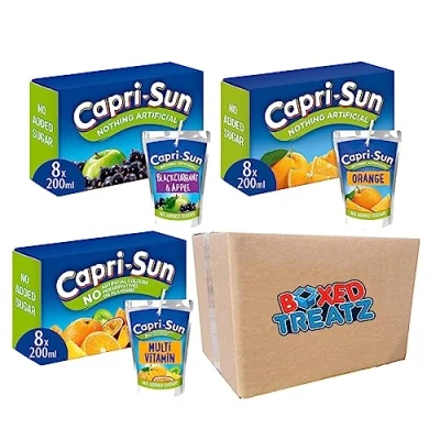 Image of Capri Sun Fruit Juice Drink Bundle 24x200ml No Added Sugar Orange Blackcurrant &amp; Apple Multi Vitamin Fuit With Sweetener And Vitamins Boxed Treatz