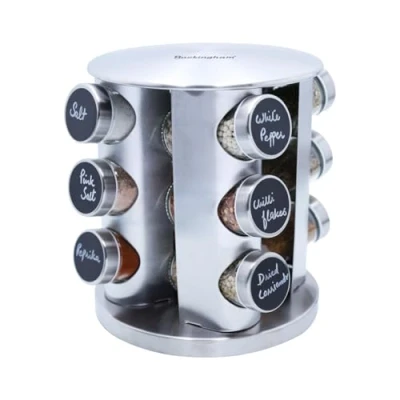 Image of Buckingham Stainless Steel Rotating Spice &amp; Herb Rack including Glass Jars, Carousel Organizer for Kitchen Spices and Herbs (12 Jars)