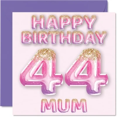 Image of 44th Birthday Card for Mum Pink &amp; Purple Glitter Balloons Happy Cards 44 Year Old Mother from Son Daughter, 145mm x Bday Greeting Gift