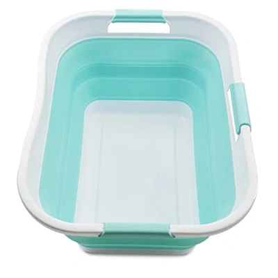 Image of SAMMART 30L Collapsible Plastic Laundry Basket Foldable Pop Up Storage Container/Organizer Portable Washing Tub Space Saving Hamper/Basket Water Capacity:24L(1, White/Lake Green)