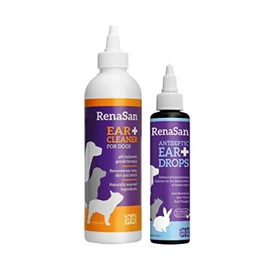 Image of RenaSan Ear Cleaner &amp; Disinfectant Kit for Dogs Antiseptic Dog Drops 100ml and 250ml Solution Infections, Itchy Ears Wax Build Up