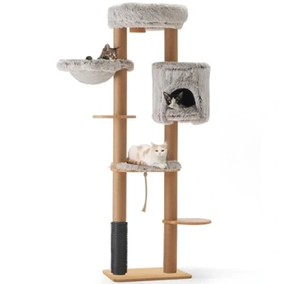 Image of FUKUMARU Modern Cat Tree, 188cm Tower Wall Mounted, Multi level Tree Tall with Jute Scratching Post, Hanging Basket, Ex Large Perch, and Condo, Solid Rubber Wood Trees Towers