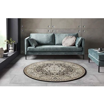 Image of Nouristan Mirkan Oriental Round Rug Living Room Short Pile Vintage for Dining Room, Bedroom Cream Brown, 160 cm