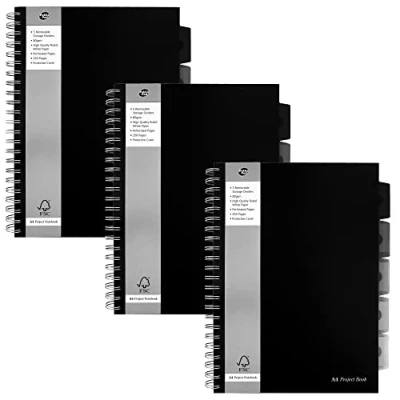 Image of Pukka Pad, A4 Executive Project Notebook 3 Pack 29.7 x 21cm Wirebound with 8mm Feint Ruled Lines on 80GSM Paper Includes 5 Repositionable Dividers Storage Pockets 250 Pages