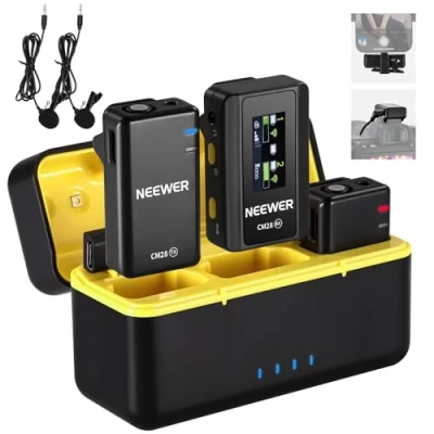 Image of Neewer CM28 Wireless Lavalier Microphone System with Charging Case, 2 Mic Clips, 1 Click Noise Canceling, 4GB Storage, 9H Playtime, Lapel Compatible iPhone/Android/PC/Camera/iPad