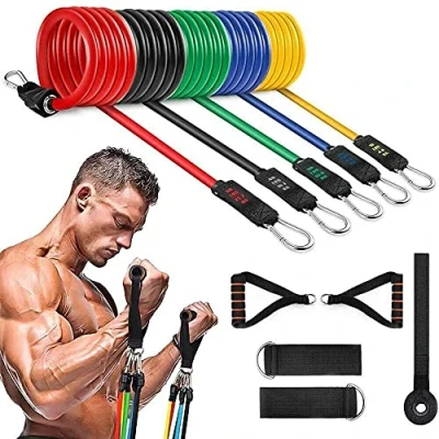 Image of Resistance Bands Set Exercise Bands, Men Home Workouts With 5 Fitness Tubes, 2 Foam Handles, Ankle Straps, Door Anchor, Carrying Pouch Yoga, Pilates Physio Gym Equipment